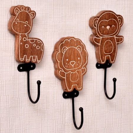 Brown Cute Lion Monkey Giraffe Wall Mounted Hooks For Kids - Pack of 3